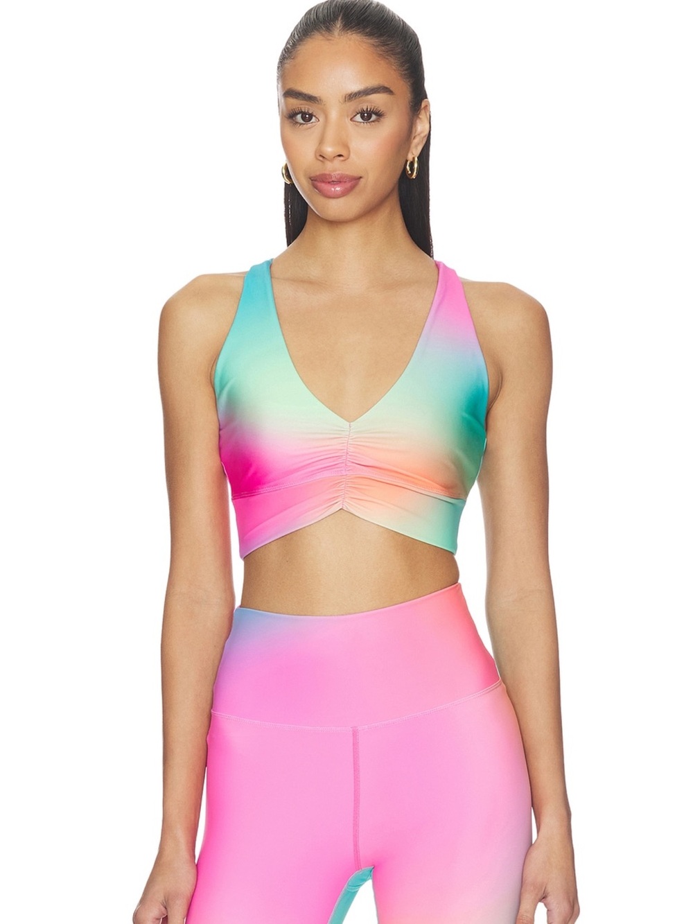 Beach Riot Gradient Ruched V-Neck Crop - Pink, Aqua & Peach
